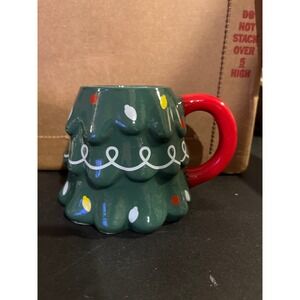 Christmas Tree Shaped Ceramic Coffee Mug Green Red‎ Holiday Light Bulb Sculpted